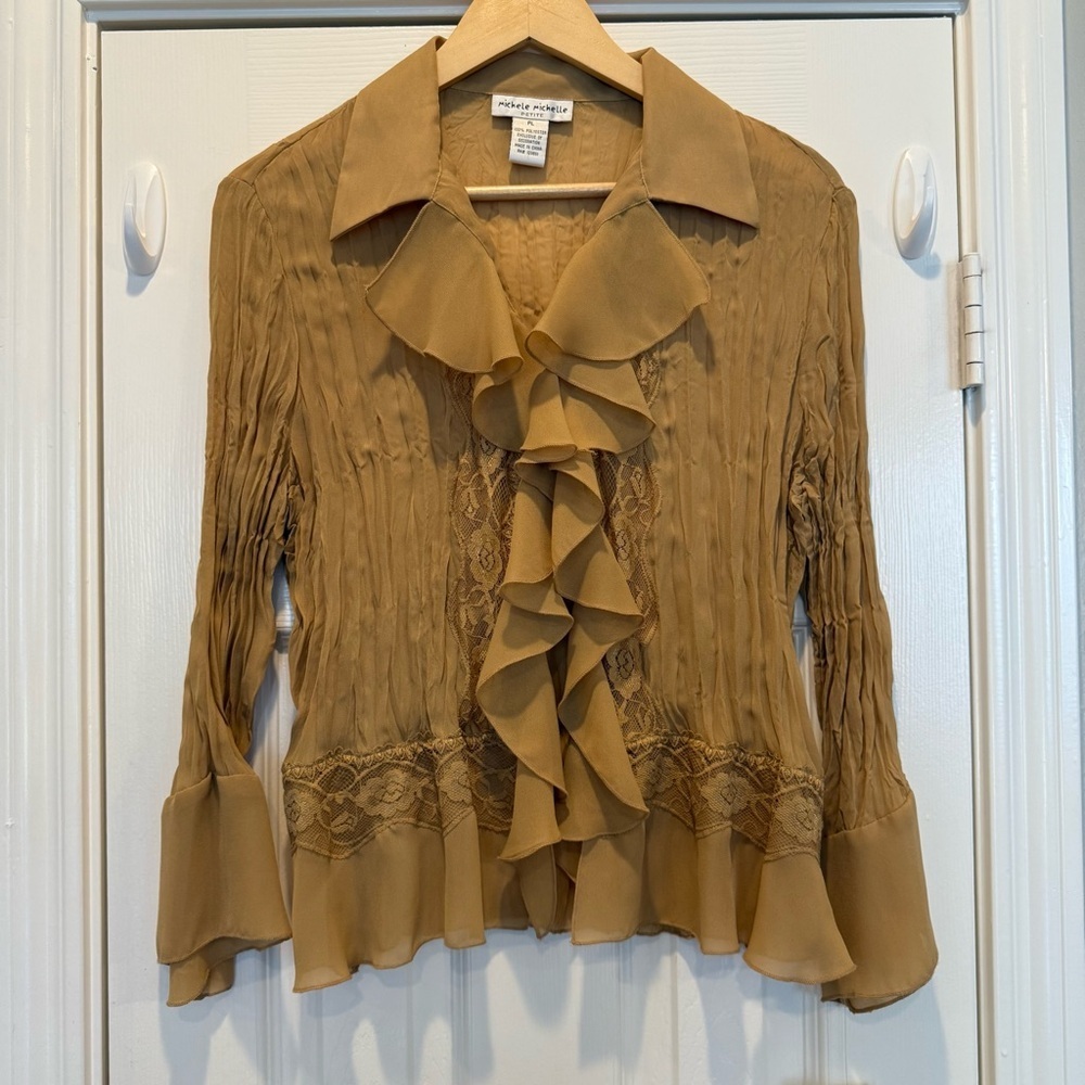 Vintage Y2K Sheer Ruffle Lace Blouse Women’s L Bronze Tan Boho Western Romantic